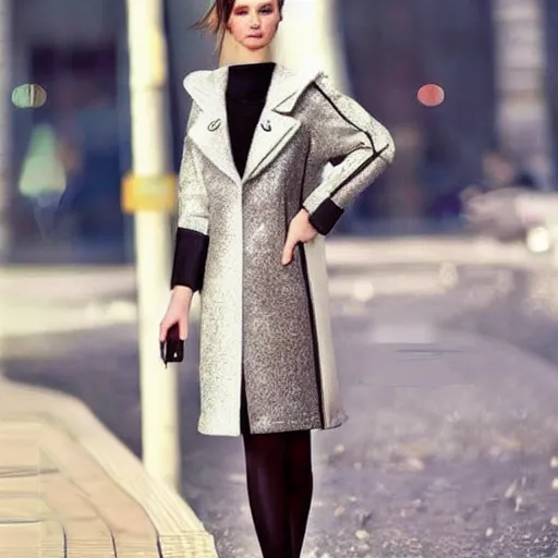Prompt: futuristic clothing, 2 0 3 0. weather. women's coat. fantasy.