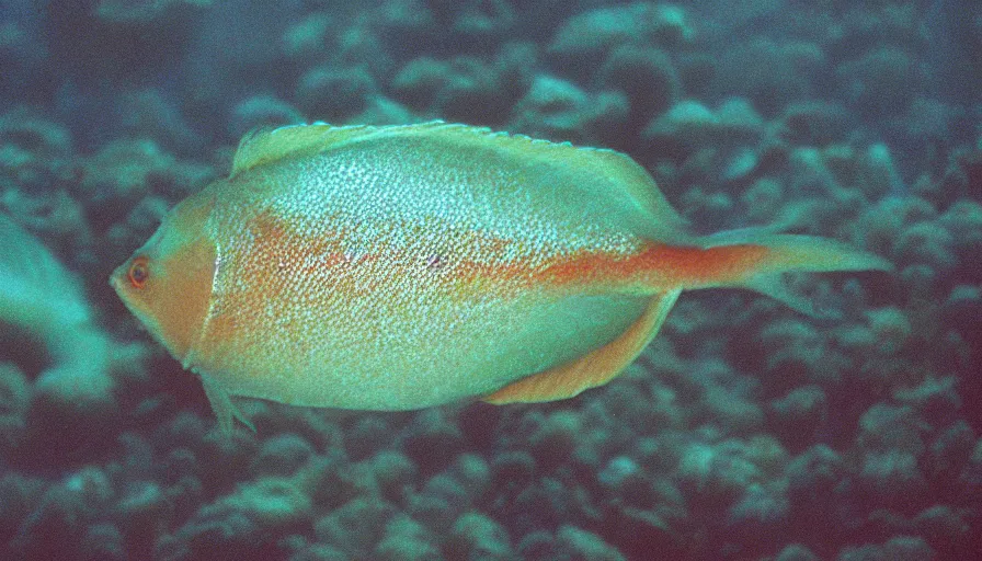 Prompt: 7 0 s movie still of a fish which face is human, cinestill 8 0 0 t 3 5 mm technicolor, heavy grain, high quality, high detail