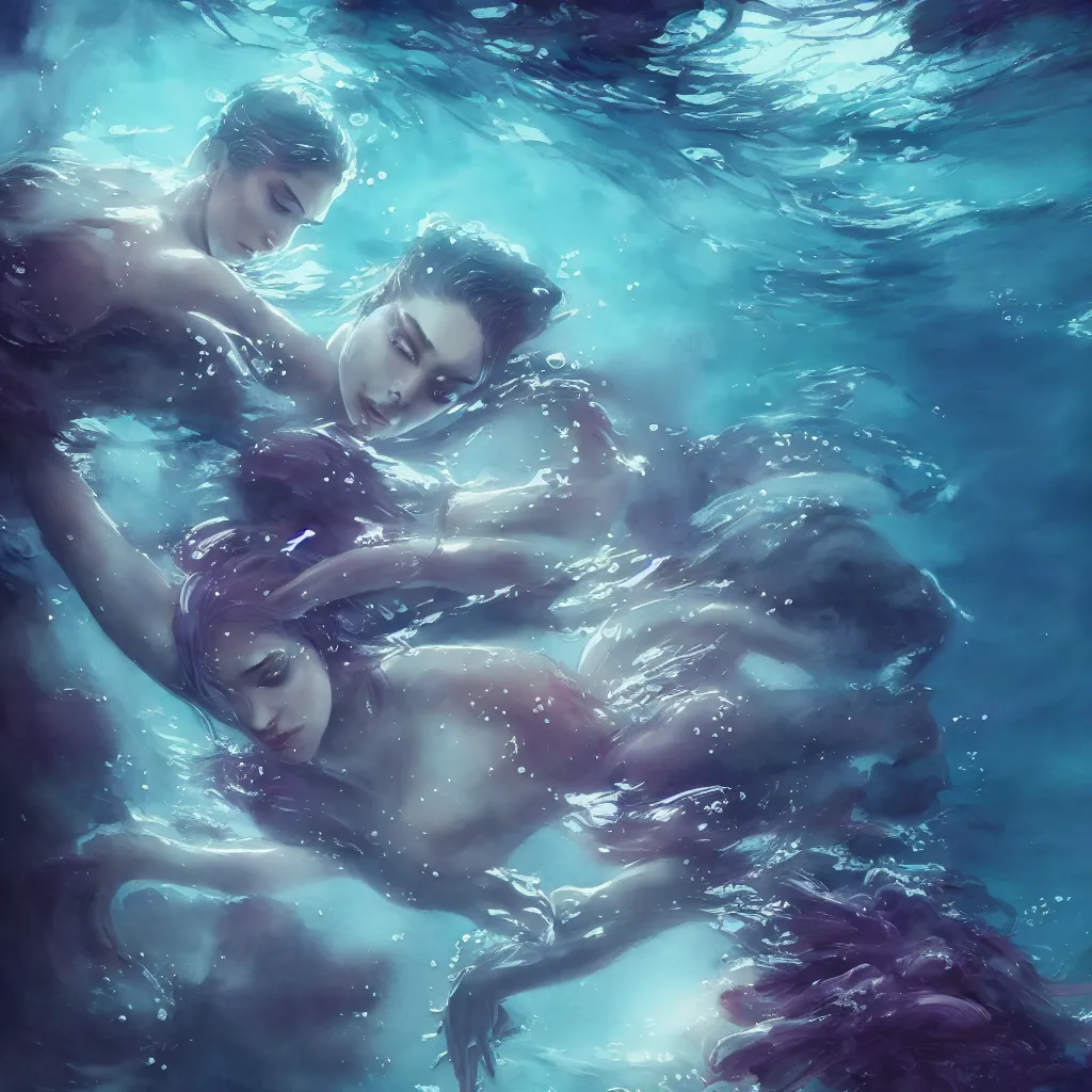 Prompt: beautiful watercolor painting of prince underwater, intricate, elegant, highly detailed, digital painting, artstation, concept art, smooth, sharp focus,, dynamic lighting, ultrarealistic, cinematic, octane render, 8 k