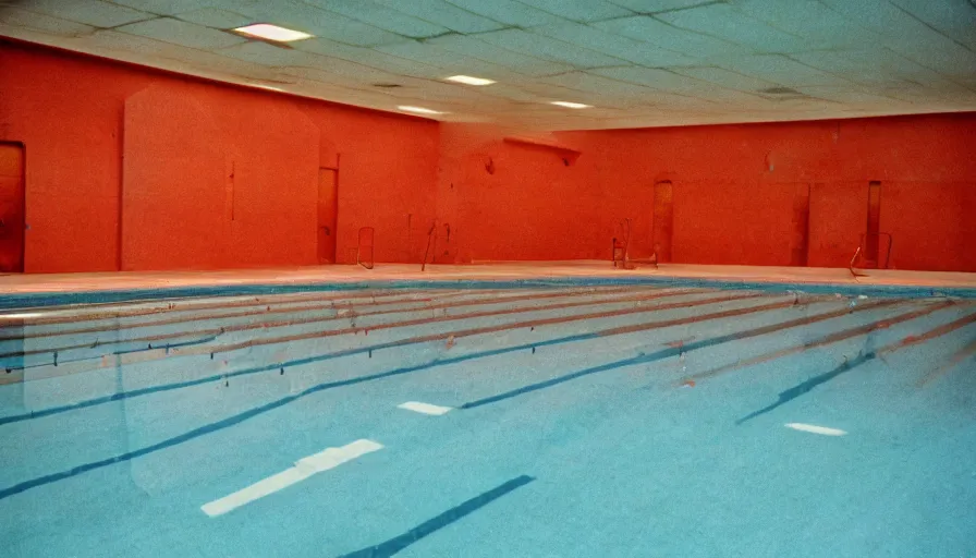 Image similar to 60s movie still of a sovietic stalinist style empty municipal swimming pool with tiles, cinestill 800t 50mm eastmancolor, liminal Space style, heavy grain-s 150