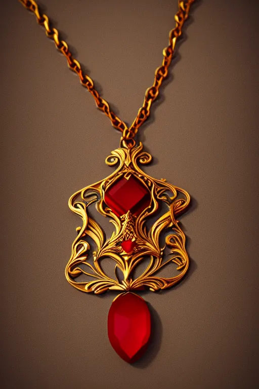 Prompt: historical, art nouveau, red gemstone necklace, gold metal, glowing inside, octane render, realistic, dramatic light, 3 d, photograph 4 k,