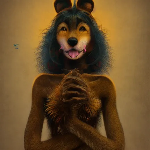 Prompt: furry art of a female dogwoman, full body, titian, sam spratt, maxfield parrish, gustav klimt, tom bagshaw, mark ryden, alphonse mucha, rembrandt, 4 k, 8 k, high details, sharp, dramatic lighting, disney, pixar, dreamworks