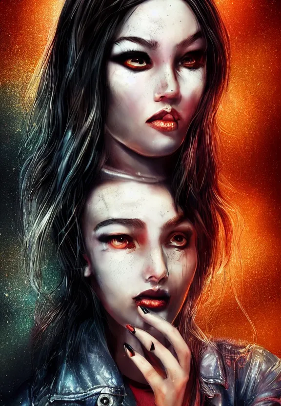 Prompt: digital illustration of a girl with eyes that burn like cigarettes wearing a short skirt and a long jacket with fingernails that shine like justice, dramatic lighting, photorealistic, full body portrait, detailed anatomy, extreme detail, 4 k, colorful, artgerm and ben lo, detailed face, f / 2. 8