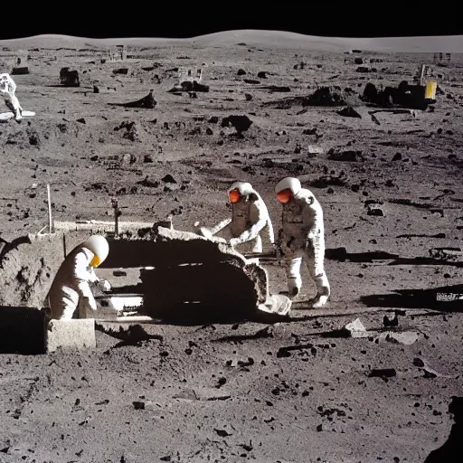 Image similar to full - color 1 9 7 2 photo of an ancient alien temple on the moon being excavated by archaeologists wearing space - suits at a dig - site. high - quality professional journalistic photography from time magazine.