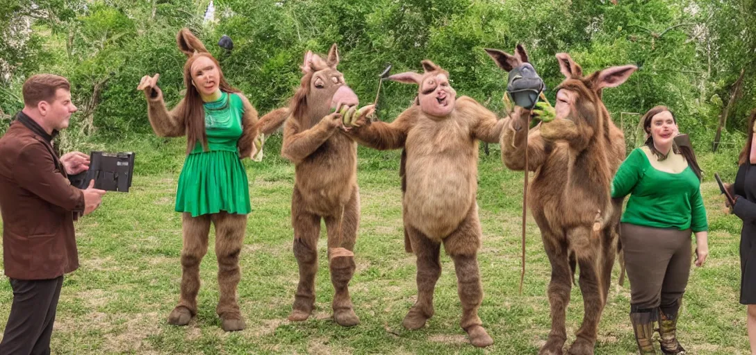 Image similar to behind the scenes photo of shrek, fiona and donkey taking a break in - between filming scenes. movie sound - set. green screen. director reviewing footage. donkey smoking a cigar.