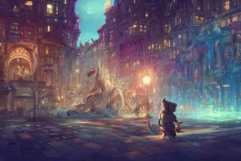 Prompt: a beautiful illustration of cute little creature in the middle of the city, fantasy, epic lighting, cinematic composition, hyper realistic, 8 k resolution, unreal engine 5, by artgerm, tooth wu, dan mumford, beeple, wlop, rossdraws, james jean, marc simonetti, artstation