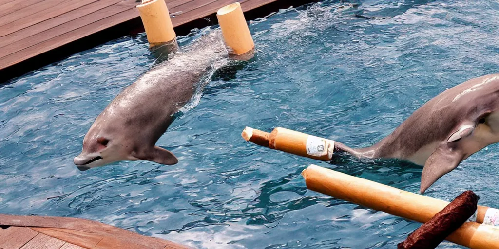 Prompt: photo of Yakuza dolphin in a onsen smoking a cigar