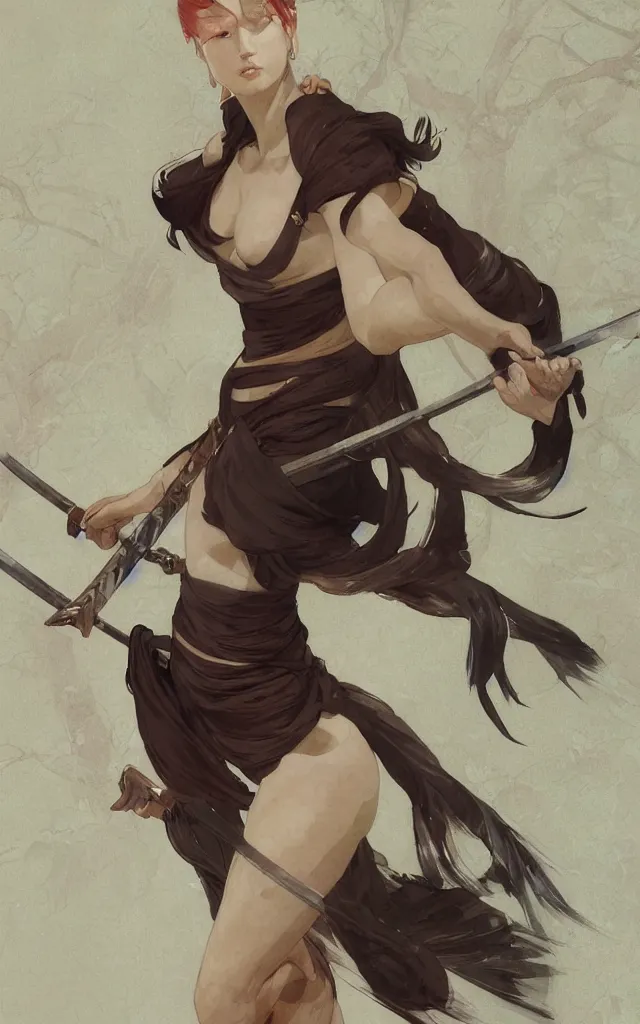 Prompt: modern elegant female ninja samurai, with large sword, feminine, powerful, beautiful, upper body, muscular arms and abdominals, full body, wide leg hakama trousers, highly detailed, digital painting, sakura tree petals, concept art, smooth, sharp focus, illustration, by gaston bussiere, mucha, gerome, craig mullins, greg rutkowski,