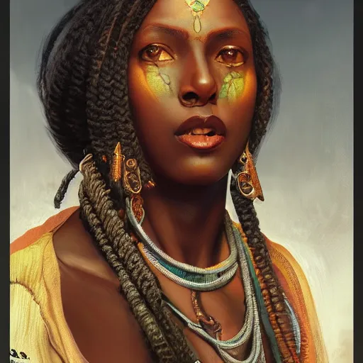 Prompt: wide angle portrait painting of a black muscular south indian woman, sari, ultra realistic, concept art, intricate details, eerie, horror, highly detailed, photorealistic, octane render, 8 k, unreal engine. art by artgerm and greg rutkowski and alphonse mucha
