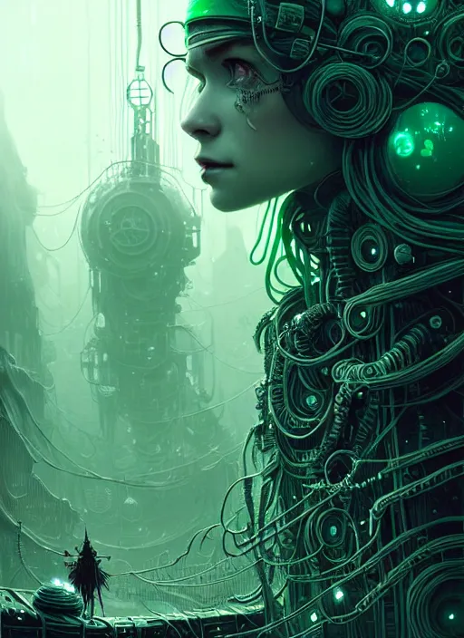 Image similar to highly detailed portrait of a frostpunk long curly white hair tribal lady, stray wiring by atey ghailan, james gilleard, by joe fenton, by greg rutkowski, by greg tocchini, by kaethe butcher, 4 k resolution, gradient green, black and white color scheme!!! ( ( green slime robotic dystopian city background ) )