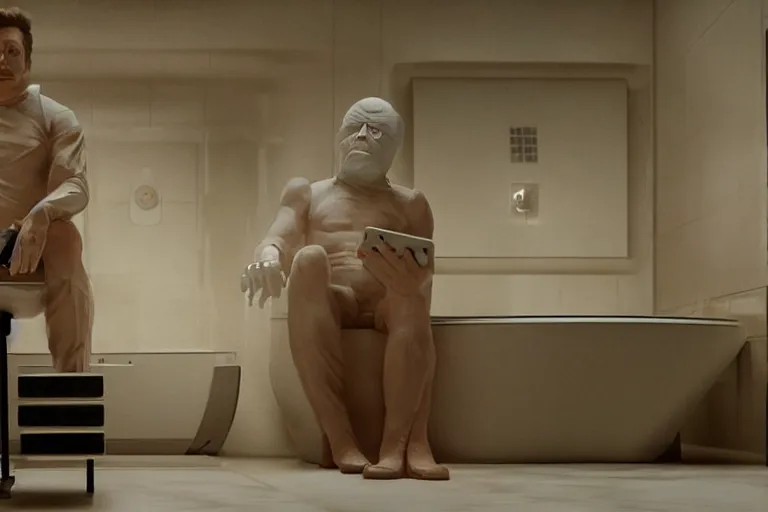 Image similar to hyperrealism aesthetic ridley scott and denis villeneuve style photography of a detailed giant elon musk, siting on a detailed ultra huge toilet and scrolling his smartphone in hyperrealism scene from detailed art house movie in style of alejandro jodorowsky and wes anderson