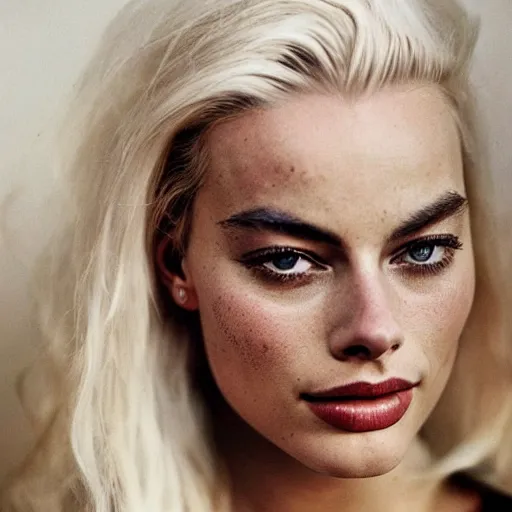 Prompt: photo of margot robbie, full platinum blond, bleached eyebrows, pale skin, freckle, by vivian maier, realistic, high detail, high quality, trending on pinteresst