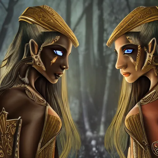 Image similar to a scene of two identical beautiful female dark elves standing face to face, full of detail