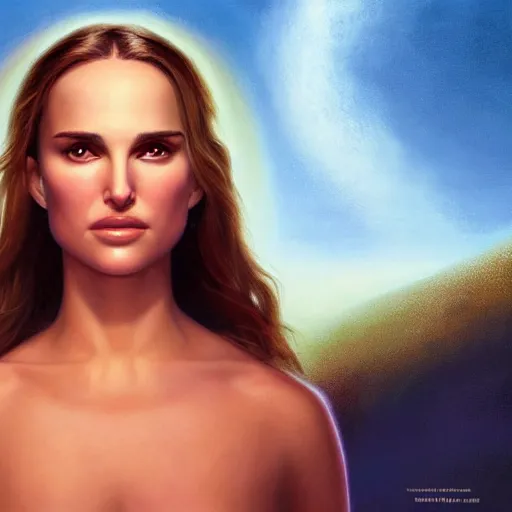 Prompt: a painting of Natalie Portman as the Messiah by Ross Tran, Bruce Timm and Vladimir Kush, highly detailed digital art, holy aura, serene expression