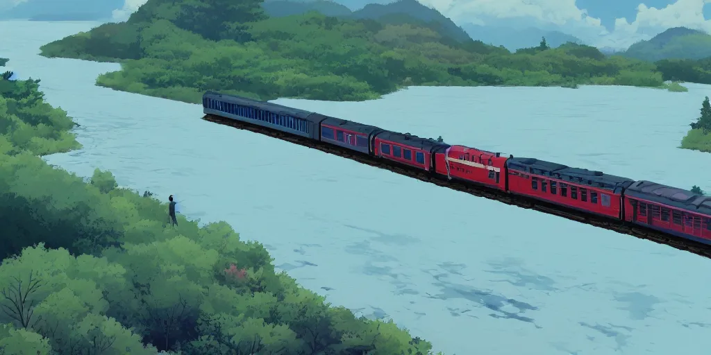 Image similar to a soviet suburban train moving on top of a lake, ultra high quality, 4 k, by miyazaki and makoto shinkai, anime screenshot, colorful, artstation, pixiv,