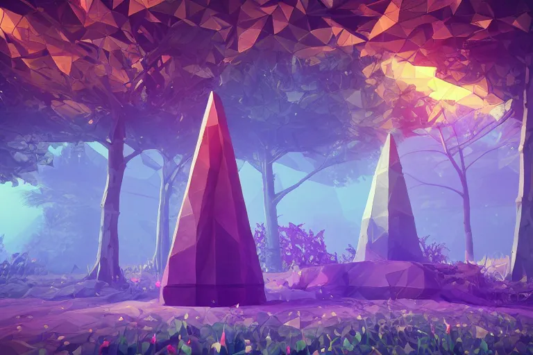 Image similar to super detailed color lowpoly art, overgrown mystical meadow with numerous trees, singular ancient stone obelisk with subtle glowing runes, unreal engine, retrowave color palette, 3 d render, lowpoly, colorful, digital art, perspective