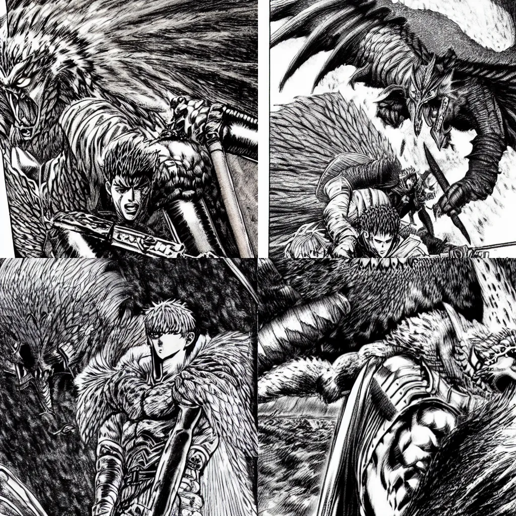 Prompt: Berserk, Guts slaying Griffin in a perfect ending, manga art by Kentaro Miura