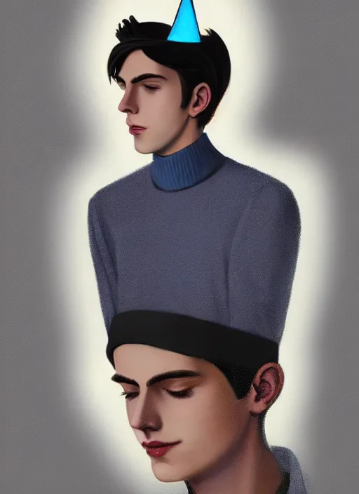 Image similar to portrait of teenage jughead jones wearing a light grey crown, crown, blue turtleneck, 1 9 5 0 s, closed eyes, photorealistic, black hair, glowing lighting, intricate, elegant, glowing lights, highly detailed, digital painting, artstation, concept art, smooth, sharp focus, illustration, art by wlop, mars ravelo and greg rutkowski