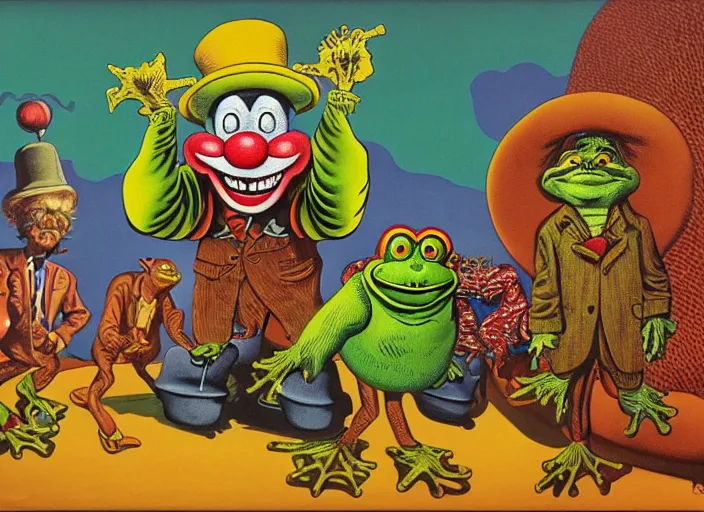 Image similar to The Clown Frog King welcomes you Clown World, painting by Robert Crumb, René Magritte and Ralph McQuarrie, high detail