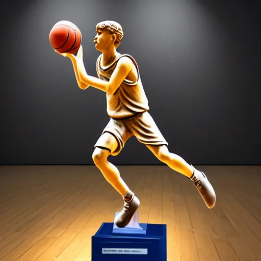Prompt: highly realistic statue of david playing basketball in a museum, highly detailed, detailed environment, realistic, 8 k, global illumination