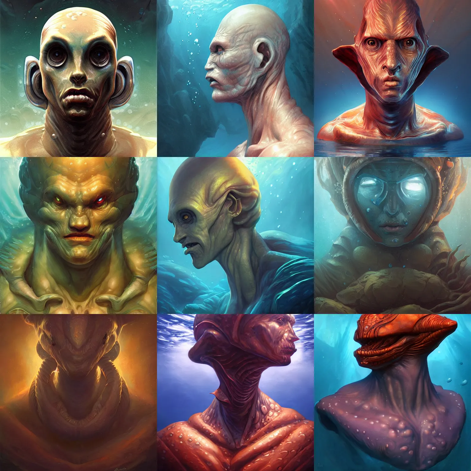 Prompt: aquatic extraterrestrial portrait, whole bust, three quarter view, gills, underwater, dramatic lighting, painted by andreas rocha