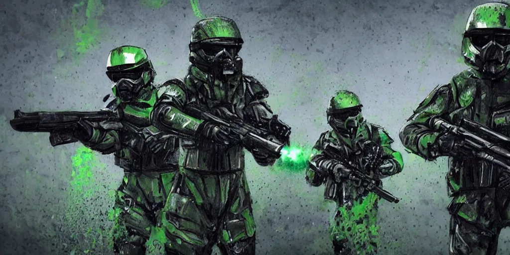 Image similar to A detailed sketch of two guerilla soldiers with green plasma rifles with revolver drums wearing grey armour with dark green stripes and full helmets with dark green visors, night, rain, water drops on the lense, a complicated black spaceship with green lights in the background, realistic 4k octane beautifully detailed render, 4k post-processing, highly detailed, intricate complexity, epic composition, magical atmosphere, cinematic lighting, masterpiece, ultra hd