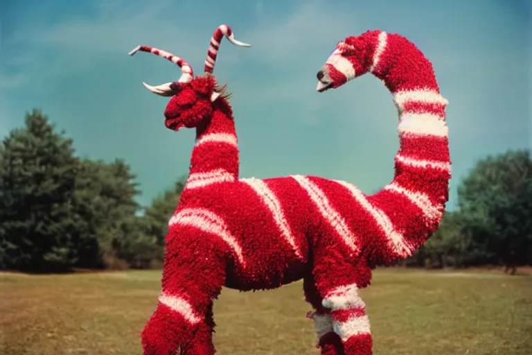 Prompt: a photo of a giant mutant candy cane llama in its natural habitat, kodak ektachrome e 1 0 0 photography