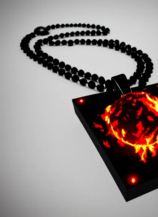 Image similar to rpg item, a black necklace with a bright red crystal pendant in flames, Unreal 5, DAZ, hyperrealistic, rpg style, octane render, dynamic lighting