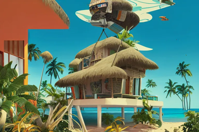 Image similar to a tropical beach cottage by paolo eleuteri serpieri and tomer hanuka and chesley bonestell and daniel merriam and tomokazu matsuyama, clearly defined outlines, unreal engine, high resolution render, featured on artstation, octane, 8 k, highly intricate details, vivid colors