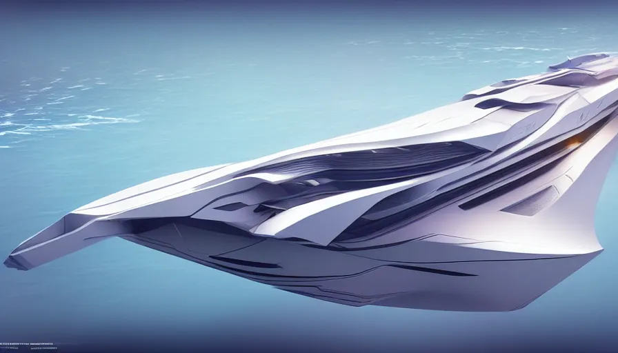 Prompt: a futuristic sport yacht by artgerm and greg rutkowski and alphonse mucha, zaha hadid, volumetric light, detailed, octane render, midsommar