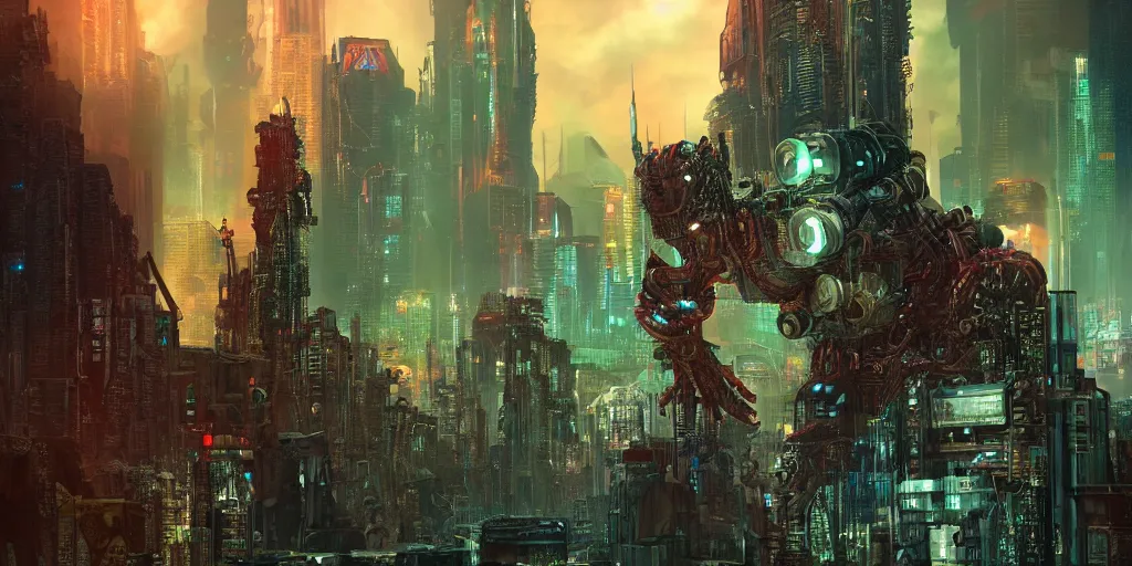 Image similar to a cyberpunk chtulhu creature closeup, fallout 5, studio lighting, deep colors, apocalyptic setting, vertically mirrored city in background