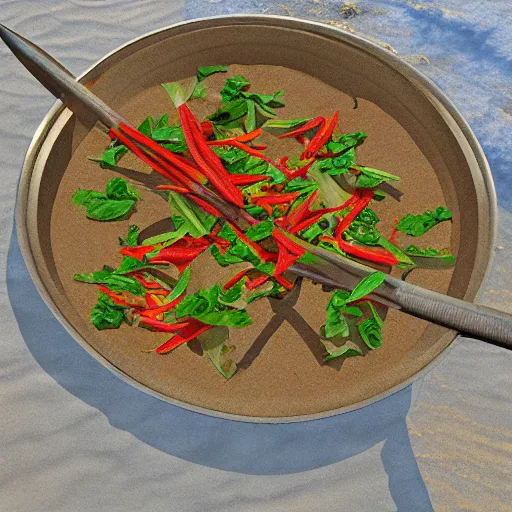 Image similar to elongated woks, on a beach, photorealistic, 8k