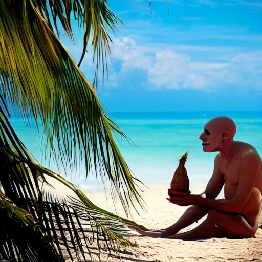 Prompt: nosferatu sunbathing on the beach and drinking from a fresh coconut, colorful photograph, beautiful day, professional