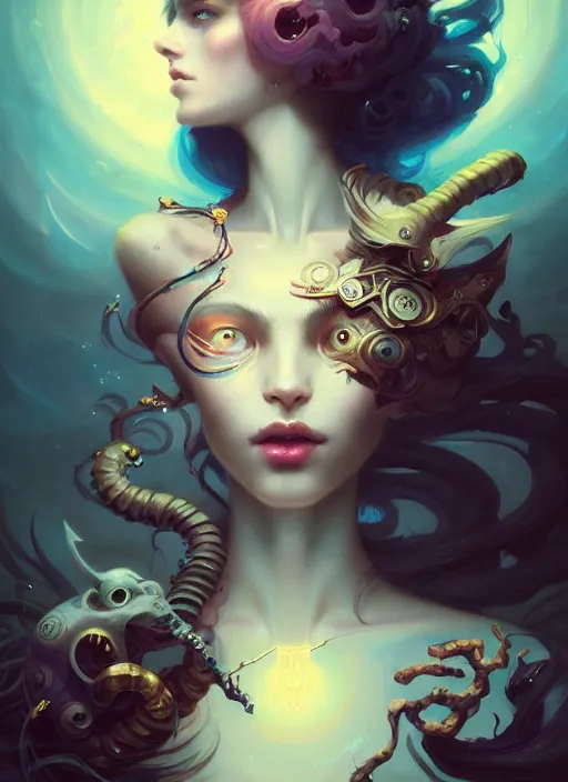 Image similar to close up picture of an maximalist dress girl, neat hair, extremely beautiful and aesthetic and detailed cute face and eyes, with cute familiar sprites, chiaroscuro, intricate, masterpiece, fantasy illustrations by peter mohrbacher and anato finnstark and jeremy lipking