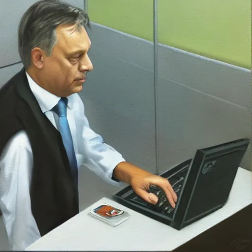 Image similar to viktor orban programming on a computer in a cubicle, oil painting