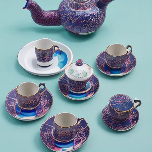 Prompt: maximalist tea set, product photo