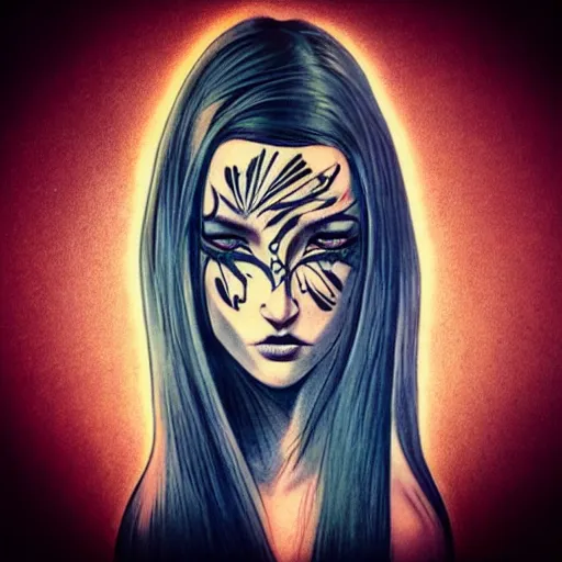 Image similar to tattoo design, stencil, beautiful young female, long dark hair, symmetrical facial features, Japanese, partially clothed in robe, by William-Adolphe Bouguerea and artgerm