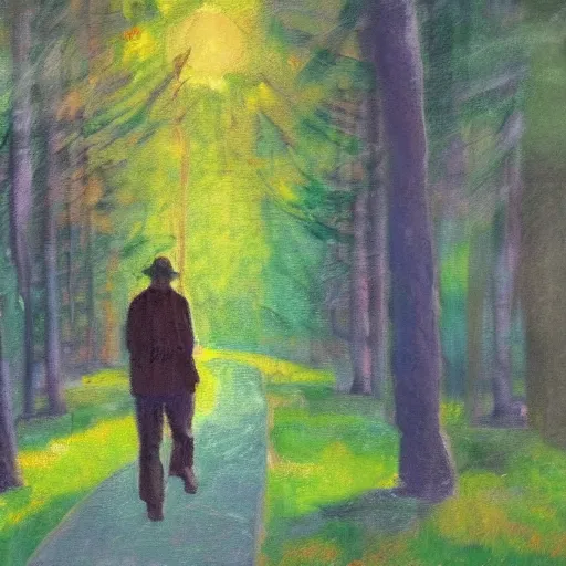 Image similar to A man walking on a path in the woods, he’s holding a flashlight, impressionist art