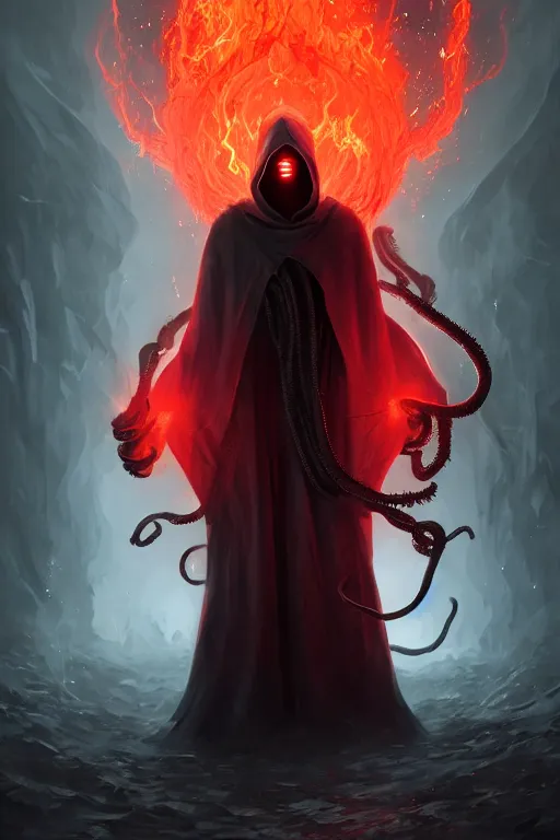 Image similar to A full body portrait of a mysterious character with no face with a very long hooded blood red and black cloak, a flaming crown floating above his head tentacles coming out the ground art by James Paick, and Shaddy Safadi, ominous, cosmic horror, trending on artstation, Ultra detailed, hyper realistic 4k