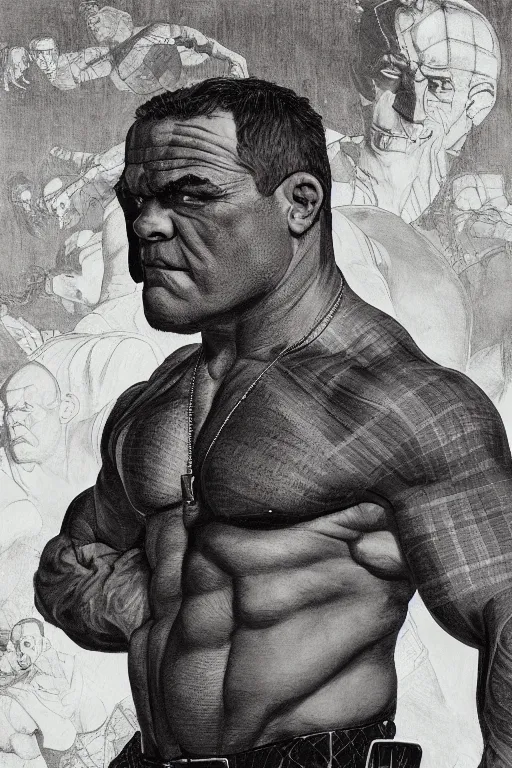 Image similar to upper body and head portrait of huge hulking absurdly muscular jocko willink as marvel character wearing plaid shirt and pants against simple background by alex ross and lawrence alma tadema and norman rockwell and greg staples, high detail