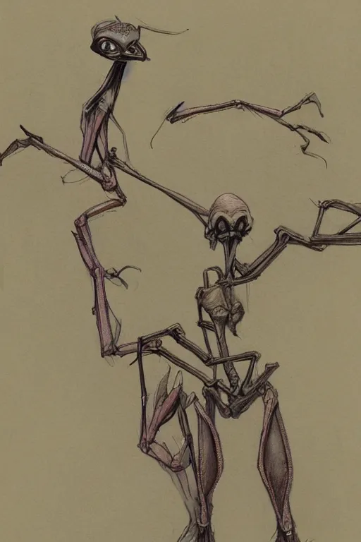 Image similar to antropromorphic stick insect, stick insect standing and talking like a human being, fantasy concept art, drawing by Don Bluth