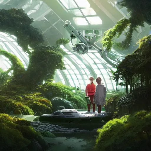 Image similar to , boy and grandma in sci - fi green house, spaceship, plants, stephen bliss, misty, unreal engine, pixar, fantasy art by greg rutkowski, loish, ferdinand knab, and lois van rossdraws, global illumination, radiant light, minimalist, detailed and intricate environment