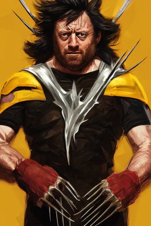 Image similar to Boris Johnson as movie Wolverine, claws are up, yellow X-man costume, Boris Johnson hairstyle, calm, grumpy, portrait, masculine figure, highly detailed, digital painting, artstation, concept art, smooth, sharp focus, illustration, cinematic lighting, art by artgerm and greg rutkowski and alphonse mucha