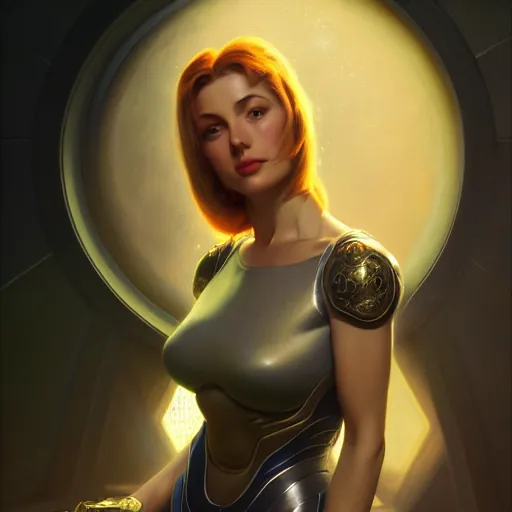 Image similar to portrait of Samus Aran, dark fantasy, medium shot, intricate, elegant, highly detailed, digital painting, volumetric light, artstation, concept art, smooth, sharp focus, illustration, art by Gil Elvgren and Greg Rutkowski and Alphonse Mucha