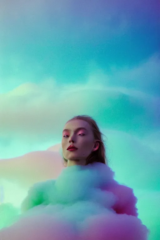 Image similar to high quality pastel coloured film close up wide angle photograph of a model wearing clothing swimming on cloud furniture in a icelandic black rock!! environment in a partially haze filled dreamstate world. three point light, rainbow. photographic production. art directed. pastel colours. volumetric clouds. pastel gradient overlay. waves glitch artefacts. extreme facial clarity. 8 k. filmic.