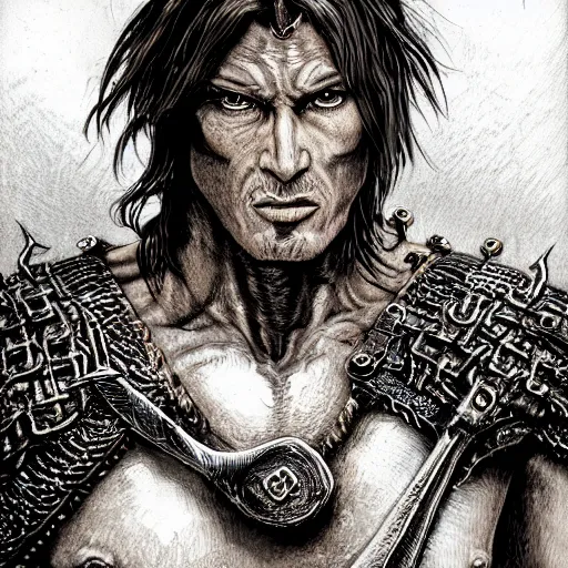 Image similar to Portrait of Conan the Cimmerian , loincloth, chainmail, axe, male, fantasy, extremely detailed, mixed media and fineliner illustration, artstation, fantasy art, smooth, sharp focus, RPG action portrait, dazzling lighting, art by Carl Critchlow, Simon Bisley and Bill Sienkiewicz , hyperrealistic character close-up, dark fantasy, foreboding atmosphere, golden ratio, hyperdetailed, highest resolution, laboriously detailed and complicated, artstation, Jia Ruan, 8k