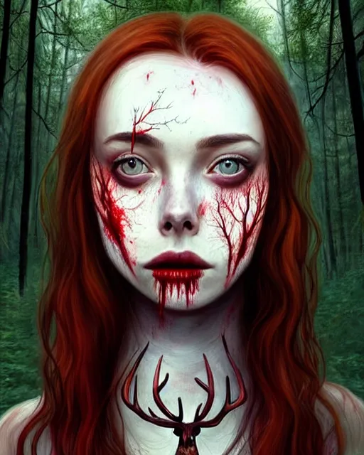 Image similar to surrounded by trees, full body realistic character concept, gorgeous Kacey Rohl, red hair, small freckles, Wendigo creature antlers deer skull face, symmetrical face, symmetrical eyes, covered in blood, dark forest, trees, shorter neck, cinematic lighting, Joshua Middleton and artgerm, fear anxiety terror