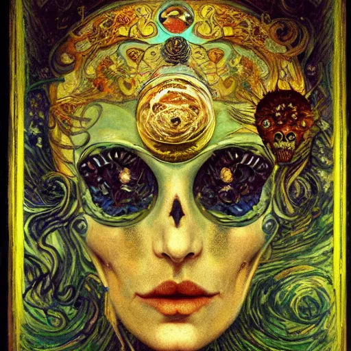 Prompt: Memento Mori by Karol Bak, Jean Deville, Gustav Klimt, and Vincent Van Gogh, beautiful visionary mystical portrait, calavera, otherworldly, fractal structures, ornate gilded medieval icon, third eye, spirals, beautiful botanical calavera