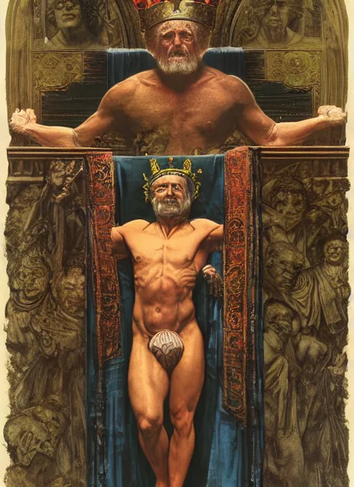 Image similar to upper body and head portrait of dennis hopper dorian yates hybrid as god wearing robes and a crown, by lawrence alma tadema and zdzislaw beksinski and norman rockwell and jack kirby and tom lovell and greg staples