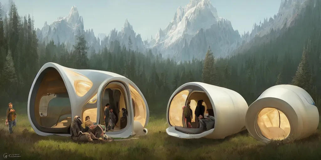 Image similar to cabela's beautiful comfortable futuristic pop up insulated all terrain family pod, cabin, modular, person in foreground, mountainous forested wilderness open fields, beautiful views, painterly concept art, joanna gaines, environmental concept art, farmhouse, magnolia, concept art illustration by ross tran, by james gurney, by craig mullins, by greg rutkowski trending on artstation